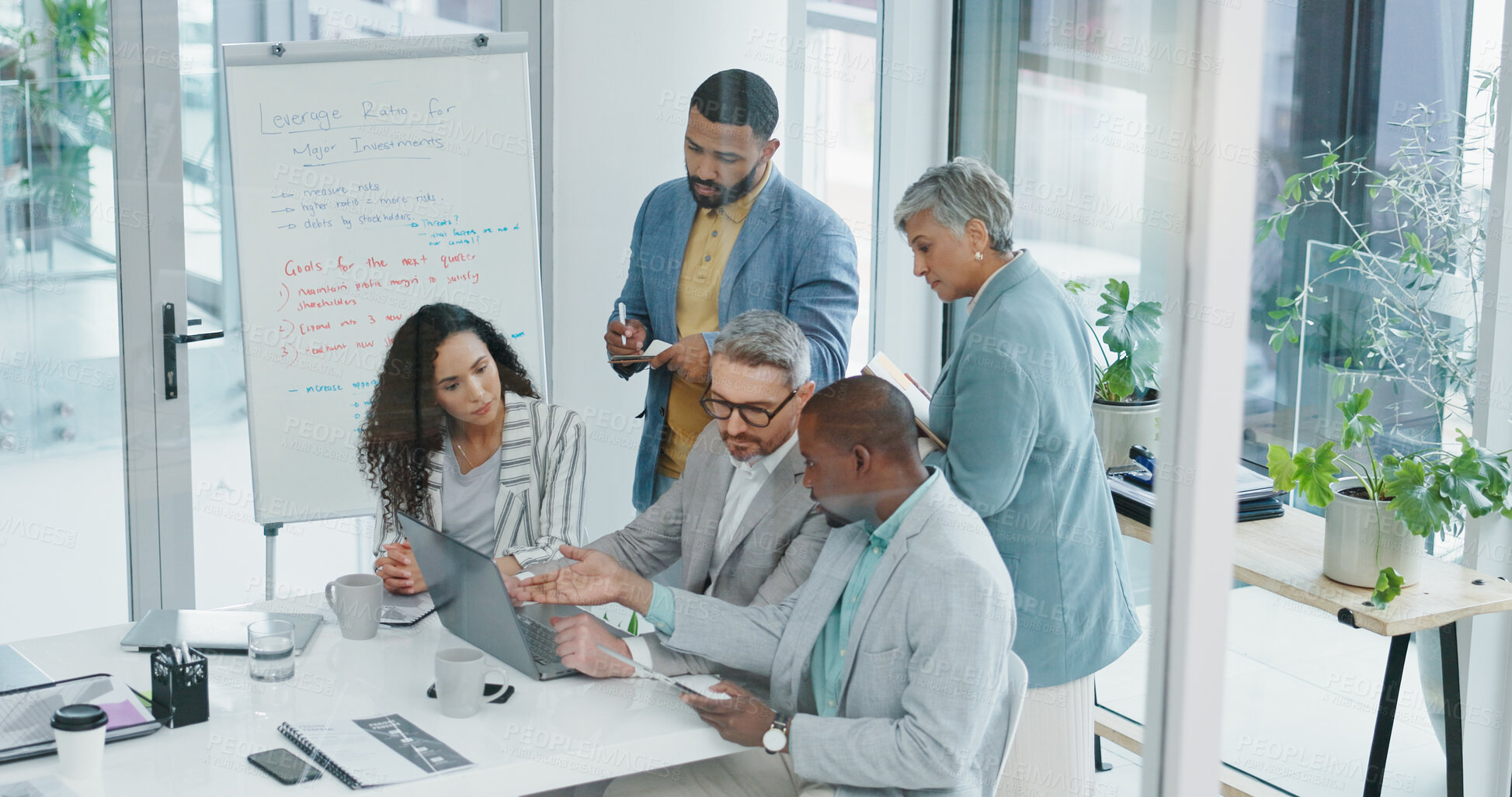 Buy stock photo Boardroom, teamwork and business people with laptop for solution, bad connection and glitch on company page. Corporate staff, ceo and manager with digital for network problem, website error or office