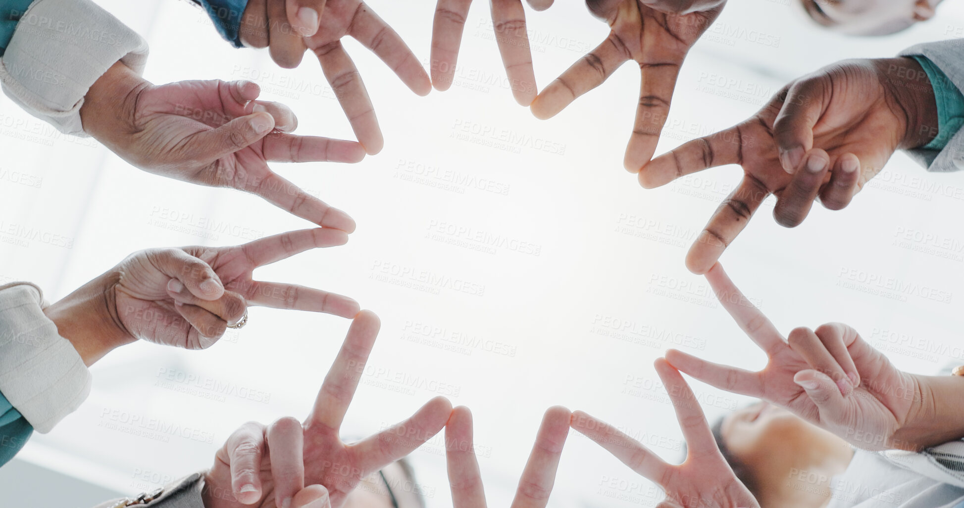 Buy stock photo Low angle, peace and hands of business people for star, solidarity and teamwork with support in office. Workplace, collaboration and diverse employees with cooperation, coworking and creative agency