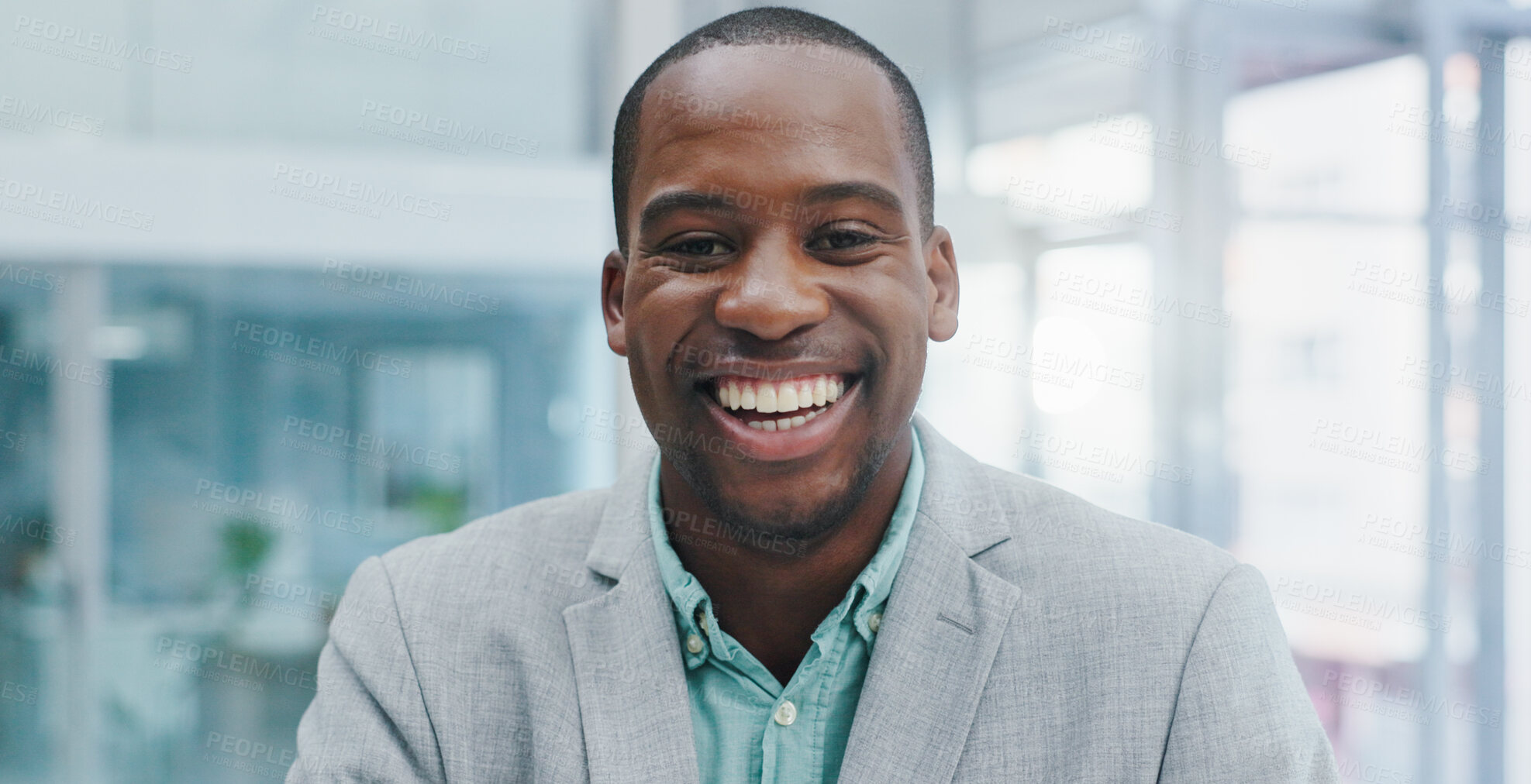 Buy stock photo Happy, corporate and portrait of business black man with company pride, confidence and smile. Entrepreneur, professional consultant and face of person in office for career, job opportunity and work