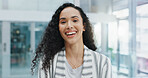 Happy, office and portrait of business woman with company pride, confidence and smile. Corporate worker, professional consultant and face of person for career, job opportunity and work in workplace