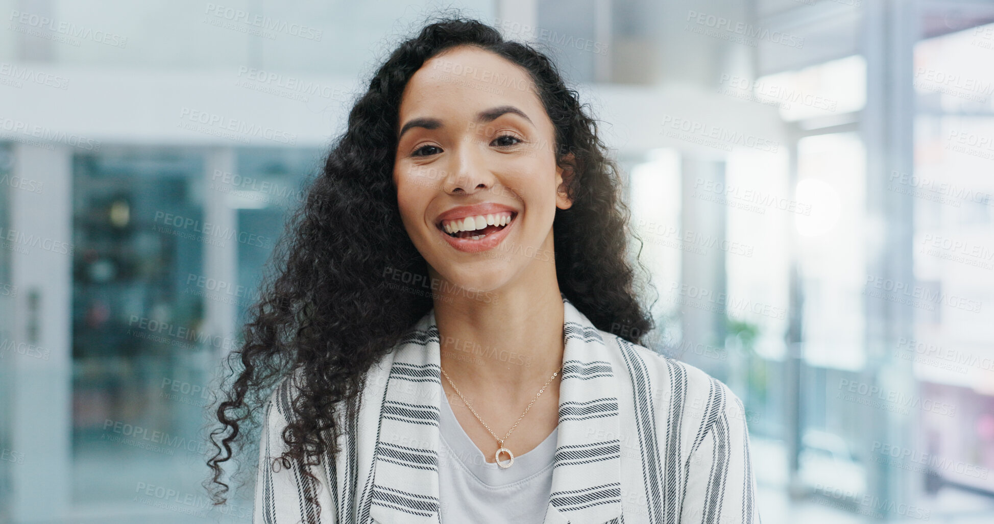 Buy stock photo Happy, office and portrait of business woman with company pride, confidence and smile. Corporate worker, professional consultant and face of person for career, job opportunity and work in workplace