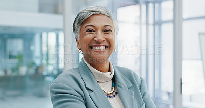 Buy stock photo Happy, business and portrait of mature woman with company pride, confidence and smile. Entrepreneur, professional consultant and face of person in corporate office for career, job and management