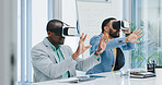 Virtual reality, hands and business people in office for online networking, metaverse and cybernetwork. Corporate, professional and men with vr headset for ux website, software and ui interface