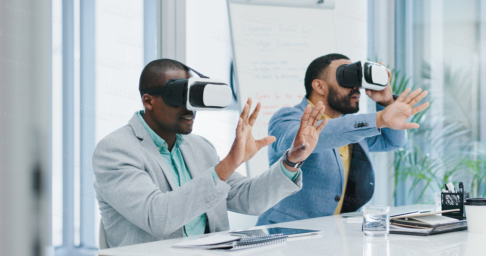 Buy stock photo Virtual reality, hands and business people in office for online software, metaverse and cyber network. Corporate team, professional and men with vr headset for ux website, ai and user interface