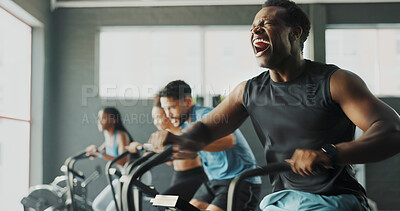 Buy stock photo Activity, exercise bike and training with people in gym together for cardio or intense workout. Elliptical machine, fitness and power with athlete group in health club for challenge or performance