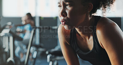 Buy stock photo Breathing, fatigue and fitness with woman in gym for break from intense training or workout. Exercise, sports and sweating with tired athlete person in health club for challenge or performance