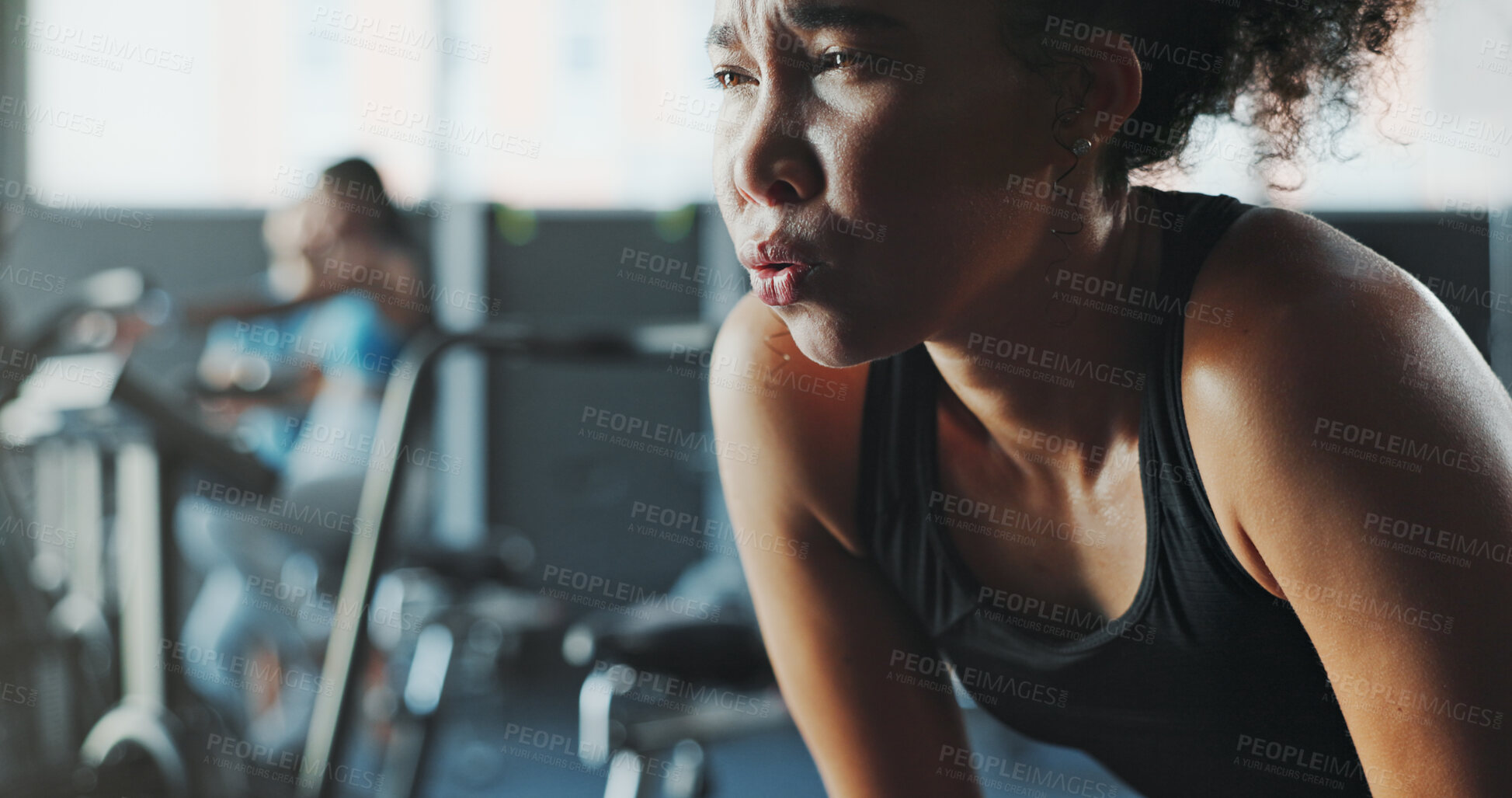 Buy stock photo Breathing, fatigue and fitness with woman in gym for break from intense training or workout. Exercise, sports and sweating with tired athlete person in health club for challenge or performance