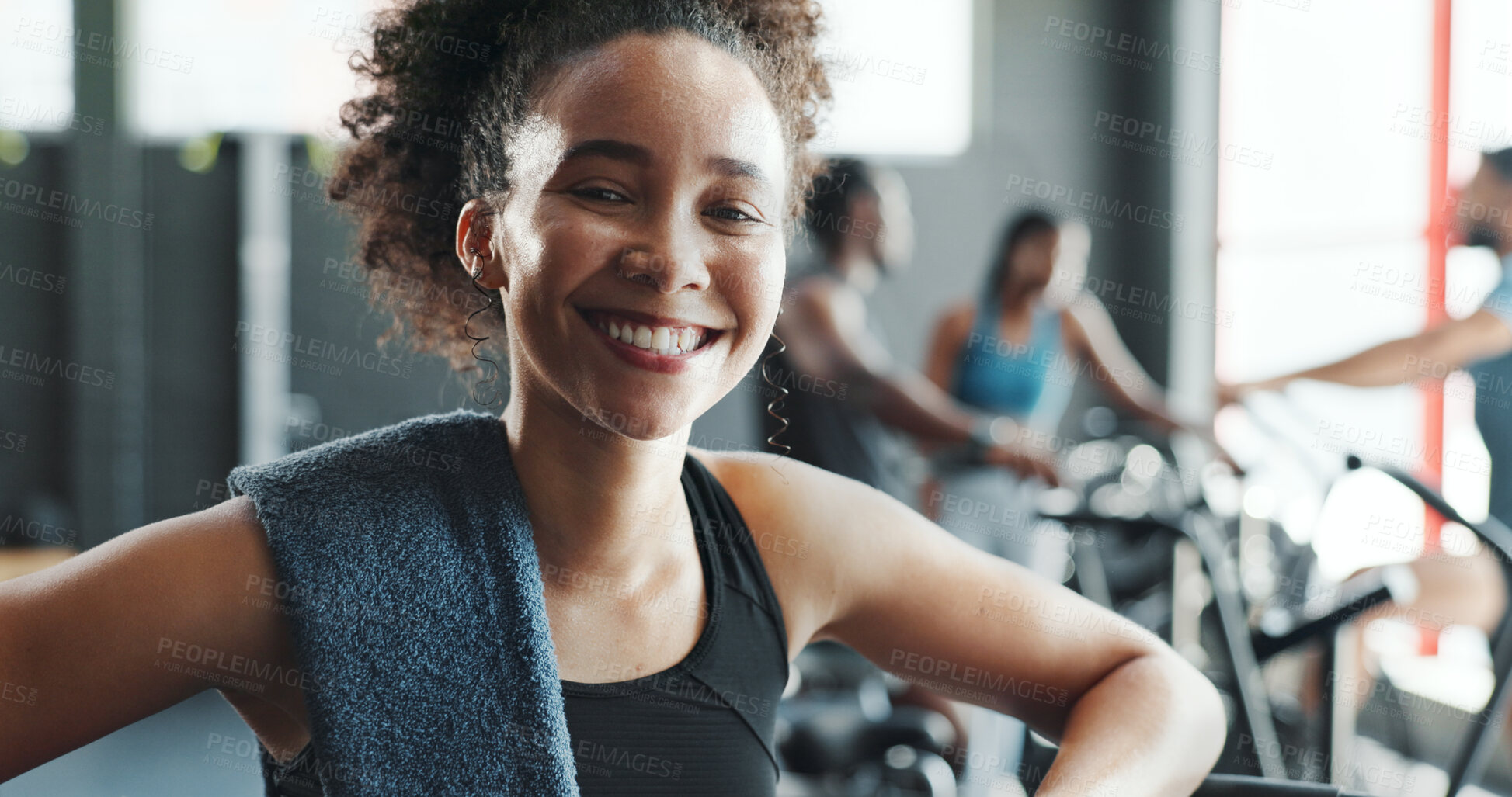 Buy stock photo Fitness, portrait and smile of sports woman in gym for break from training or workout. Exercise, towel and wellness with happy athlete person in health club for challenge, mission or performance