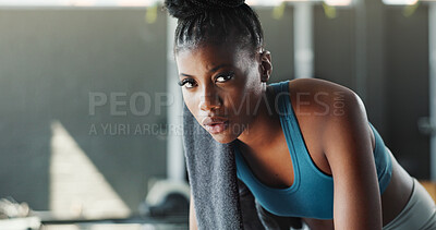 Buy stock photo Tired, portrait and black woman in gym, fitness and exhausted with routine, cardio or sports. African person, athlete or girl in wellness center, fatigue or burnout with exercise, workout or training