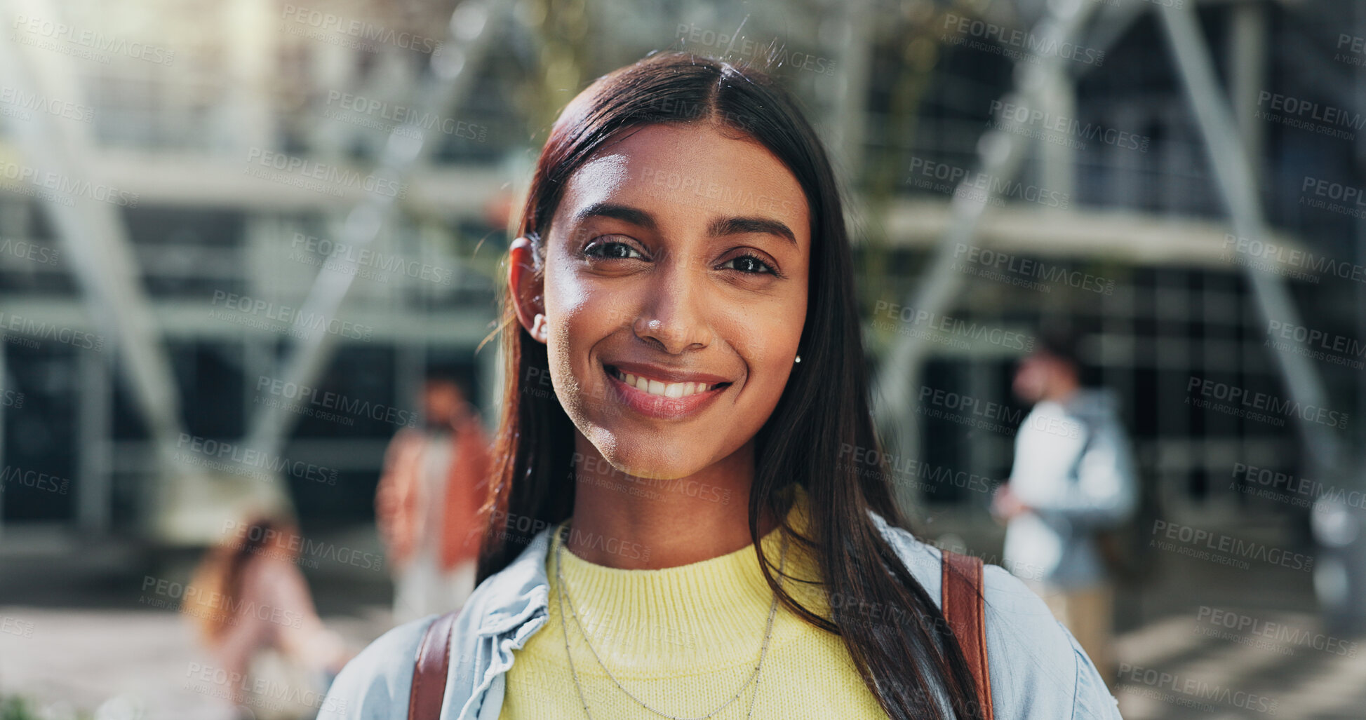 Buy stock photo Woman, outdoor and portrait of student at university for education, learning and bag for studying. Female person, backpack and start of future for knowledge, academy and college institute in India