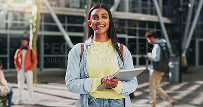 Buy stock photo Happy woman, outdoor and portrait on campus for education, learning and books for studying. Female person, backpack and start of university for knowledge, academy and college institute in India