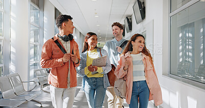 Buy stock photo Walking, college or students on break talking or speaking of scholarship, education or future plan on campus. Learning, school or happy friends in university corridor bonding in social conversation