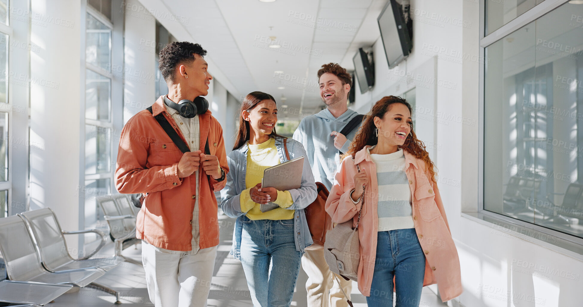 Buy stock photo Walking, college or students on break talking or speaking of scholarship, education or future plan on campus. Learning, school or happy friends in university corridor bonding in social conversation