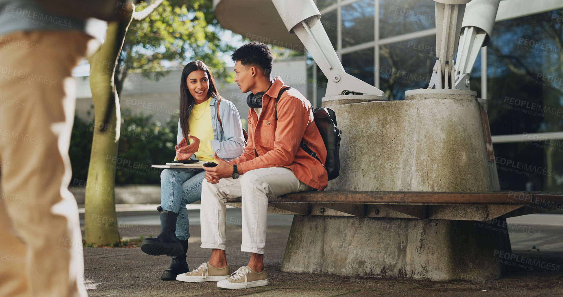 Buy stock photo Bench, college or students on break talking or speaking of scholarship, education or future plan on campus. Outdoor, school or happy friends in university bonding in fun social conversation to relax