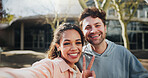 Happy couple, students and selfie with peace sign for picture, photography or memory at campus. Young, man and woman with smile, emoji or gesture for moment, capture or friendship at university