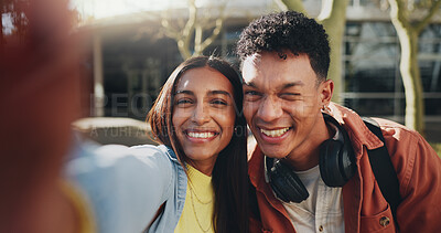 Buy stock photo Happy students, portrait and friends with selfie for picture, memory or photography at outdoor campus. Young, man and woman with smile in joy for moment, capture or friendship together at university