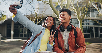 Buy stock photo Happy students, friends and peace sign with selfie for photography, memory or picture at outdoor campus. Young, man or woman with smile in joy for moment, capture or friendship together at university