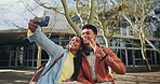 Happy students, friends and peace sign with selfie for picture, photography or memory at outdoor campus. Young, man or woman with smile in joy for moment, capture or friendship together at university