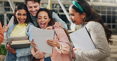 Buy stock photo Results, hug or excited students in university for learning success, good news and education goals. Wow, victory or group of happy friends outside with academic registration, scholarship or marks