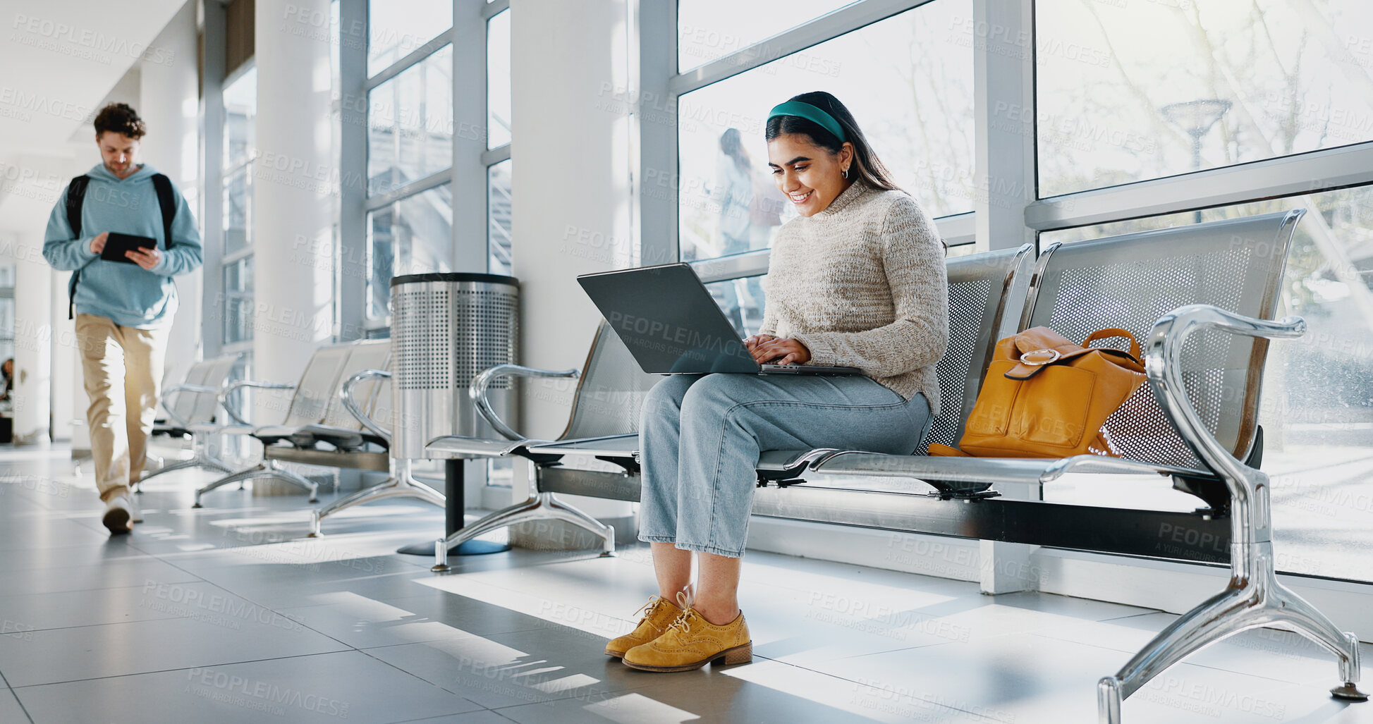 Buy stock photo Education, laptop and happy student woman on bench at college or university for learning or study. Computer, development and future with smile of person on campus for research or school assignment