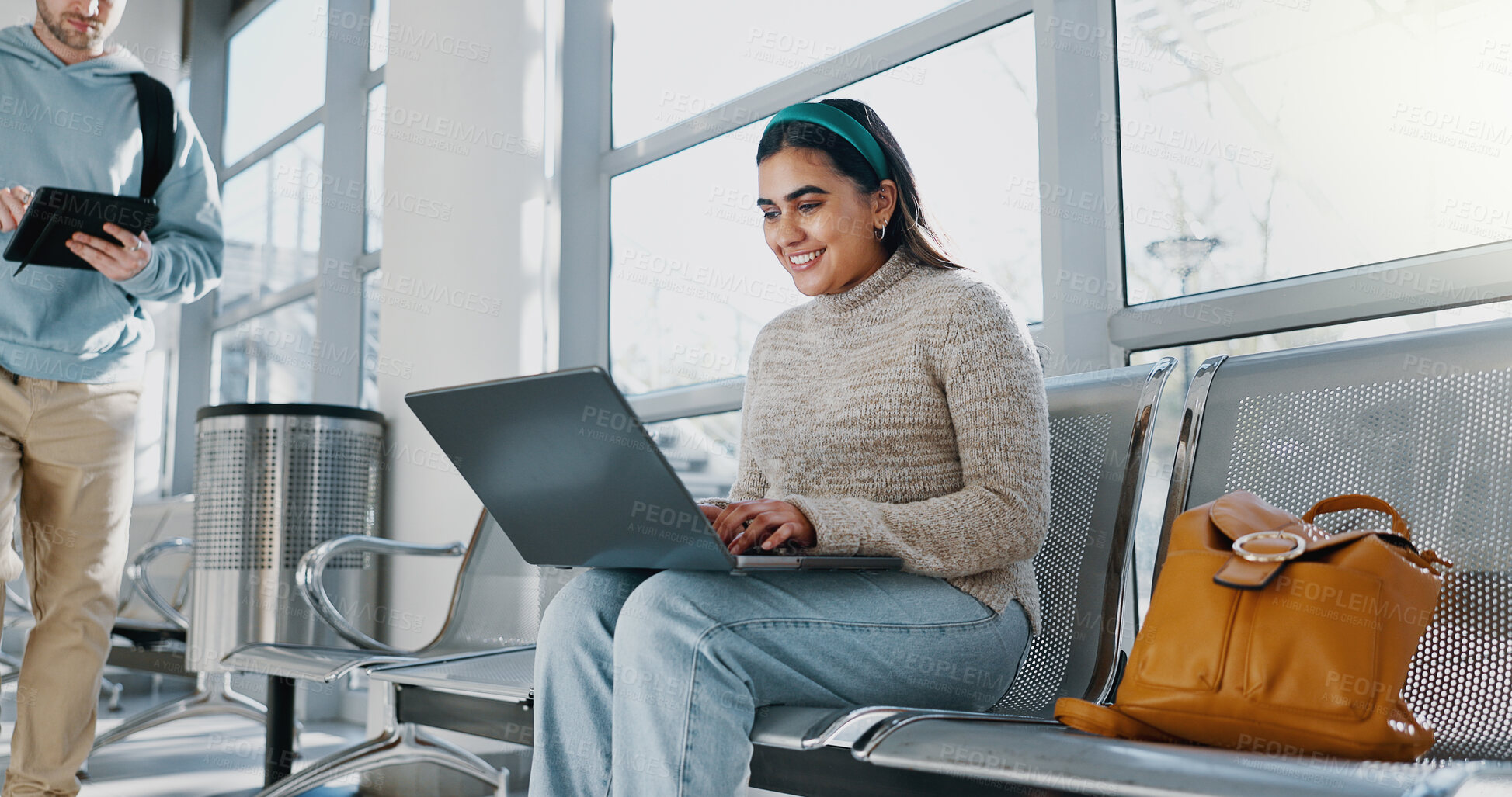 Buy stock photo Education, laptop and smile with woman on bench at college or university for learning or study. Computer, development and future with happy student person on campus for research or school assignment