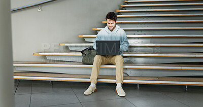 Buy stock photo Man, stairs and student on laptop for education, learning and books for studying on campus. Male person, online research and university for knowledge, website and registration at college institute