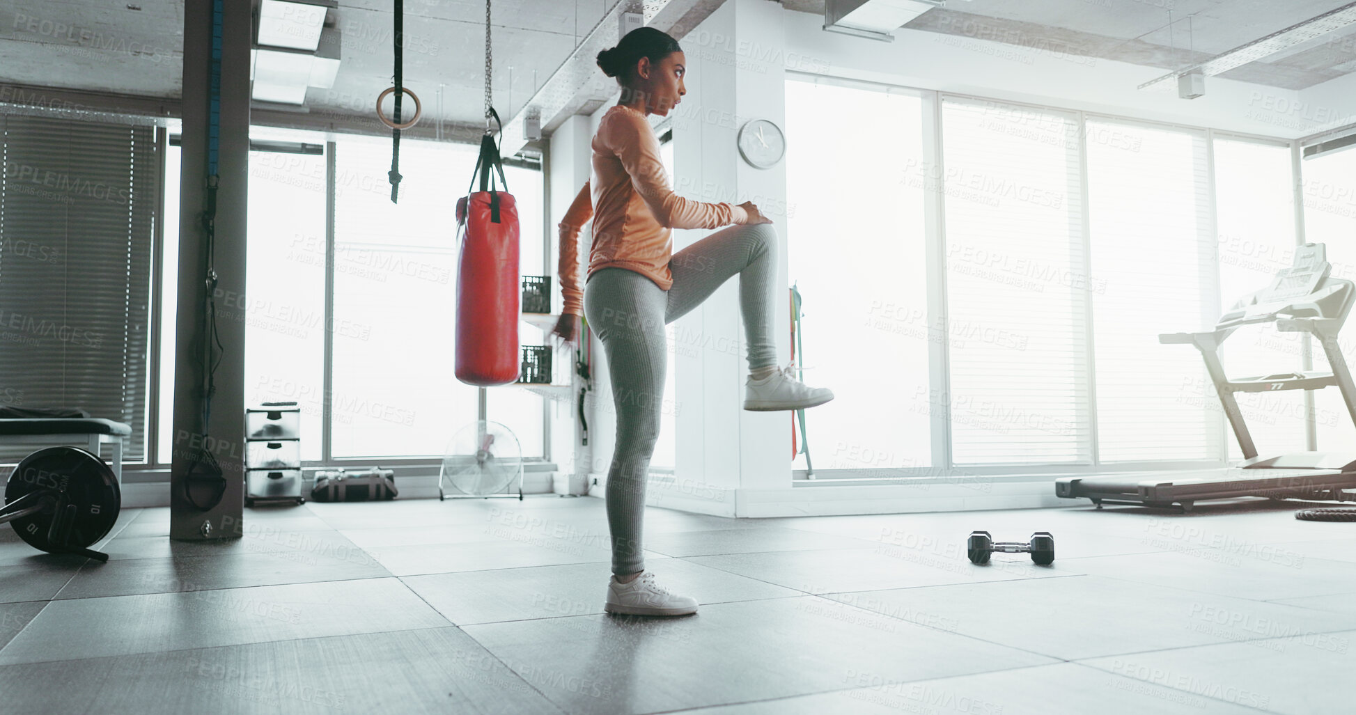 Buy stock photo Woman, fitness and stretching for health at gym with muscle warm up, exercise and workout ready of cardio training. Active, female person and morning routine, performance goals and sports club