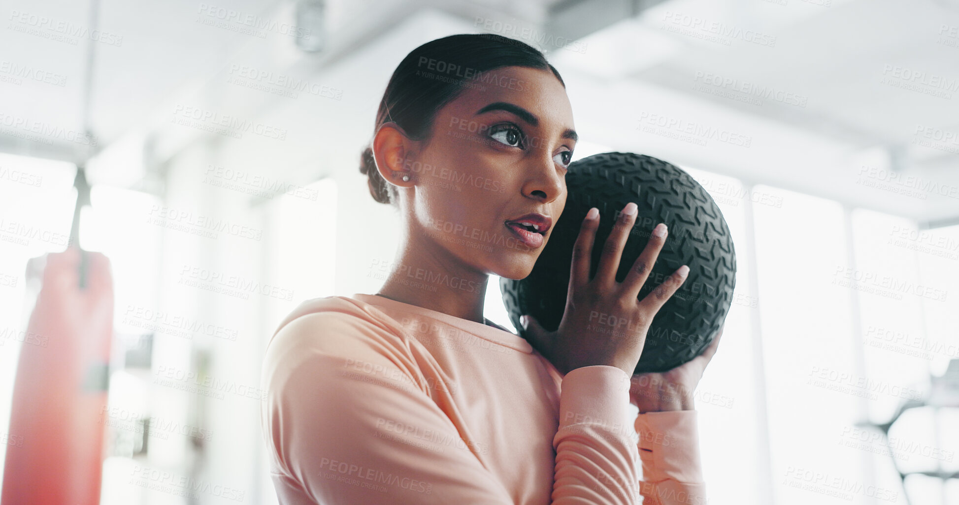 Buy stock photo Active, woman and medicine ball for fitness at gym with wellness exercise, strong muscle and training performance. Female person, gear and cardio workout for sports progress, routine and health goals