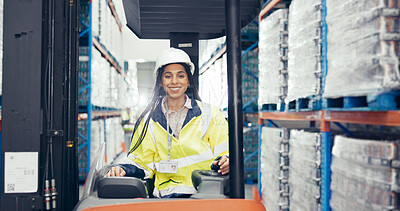 Buy stock photo Shipping, forklift and portrait of woman in warehouse for logistics, freight and distribution. Export, delivery and supply chain storage with person for customs compliance in inventory management