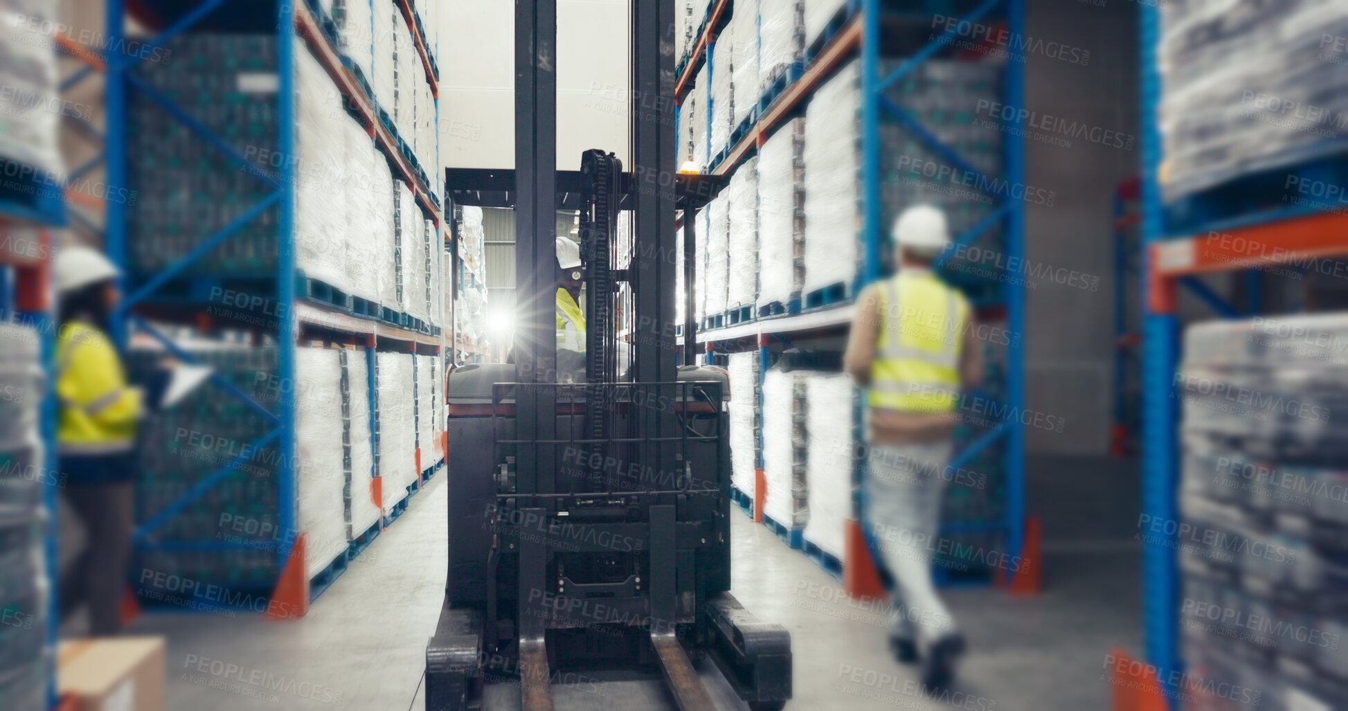 Buy stock photo Forklift, warehouse and inventory with supply chain, packing and people for storage, shipping or distribution. Workers, machinery and export or import business for quality control, lifting and goods