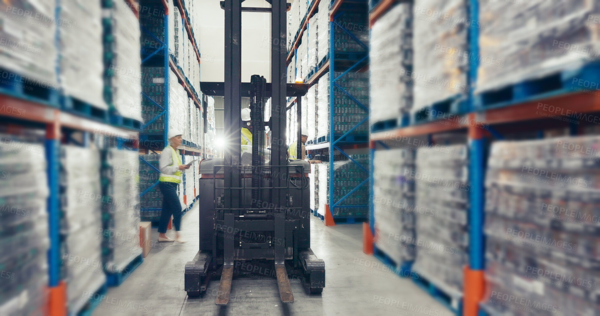 Buy stock photo Forklift, warehouse and storage with supply chain, packing and people for inventory, shipping or distribution. Workers, machinery and export or import business for quality control, lifting and goods