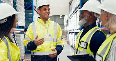 Buy stock photo Warehouse, group and teamwork in inspection for logistic, quality control or stock management. Engineer, people and maintenance in freight, supply chain or factory at shipping company with supervisor