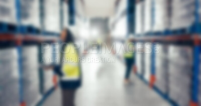 Buy stock photo Blur, warehouse and employee with logistics, stock and supply chain with storage facility. People, inspection and coworkers with distribution, industry and manufacturing with packaging or production 