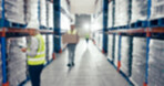 Blur, warehouse and people with logistics, stock and supply chain with storage facility. Employees, inspection and coworkers with distribution, industry and manufacturing with packaging or inventory