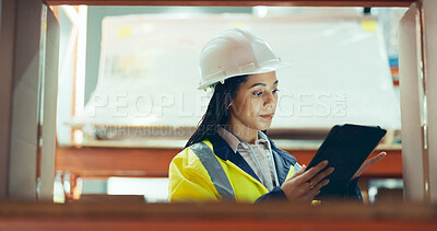 Buy stock photo Inventory, tablet and freight with woman in warehouse for logistics, supply chain or shipping. Export, delivery or cargo storage with digital checklist for customs compliance in supplier management