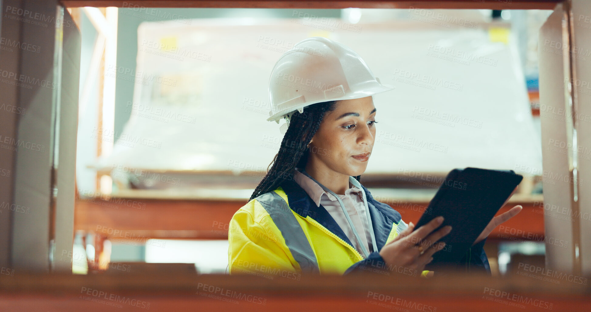 Buy stock photo Inventory, tablet and freight with woman in warehouse for logistics, supply chain or shipping. Export, delivery or cargo storage with digital checklist for customs compliance in supplier management