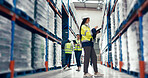 Woman, tablet and checklist at shelf for logistics, inventory management and quality control in warehouse. Worker, tech and supply in storage facility for export, distribution process and inspection