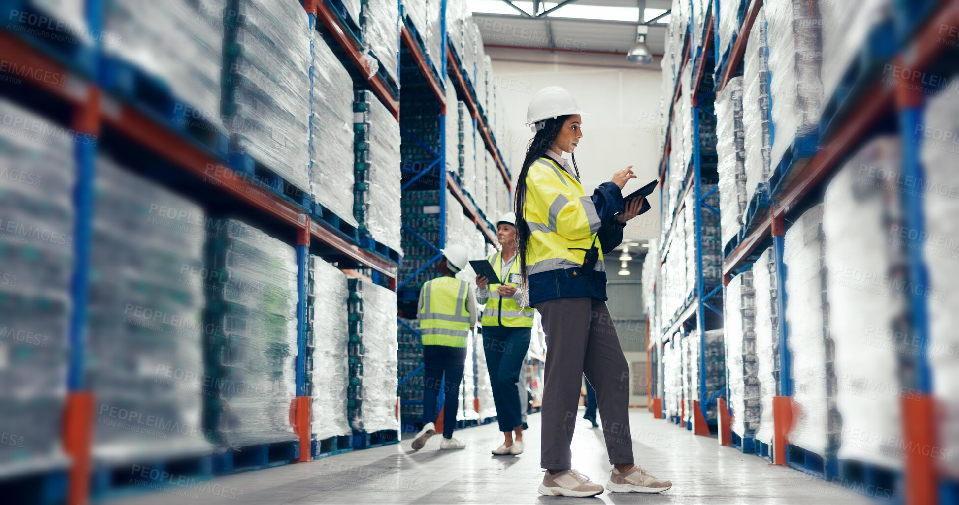 Buy stock photo Woman, tablet and checklist at shelf for logistics, inventory management and quality control in warehouse. Worker, tech and supply in storage facility for export, distribution process and inspection