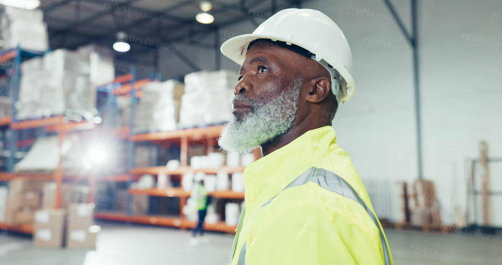 Buy stock photo Distribution, thinking and supervisor with black man in warehouse for inventory, logistics or shipping. Export, delivery or cargo storage with person for customs compliance in supply chain management