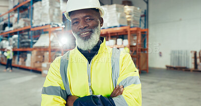 Buy stock photo Happy, crossed arms and portrait of logistics worker in warehouse for supply chain delivery. Confident, black man and mature distribution manager with quality assurance duty at industrial factory.