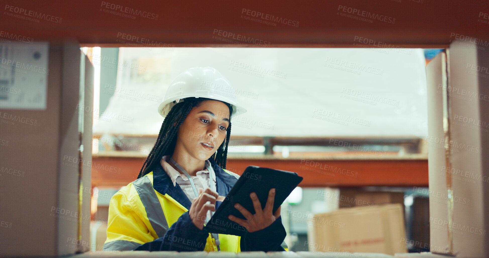 Buy stock photo Inventory, tablet and box with woman in warehouse for logistics, supply chain or shipping. Export, delivery or cargo storage with digital checklist for customs compliance in supplier management