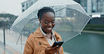 Black woman, travel and phone with umbrella for rain weather, communication and social media of security. Smile, female person and mobile for texting, search location and taxi app of commute outdoor