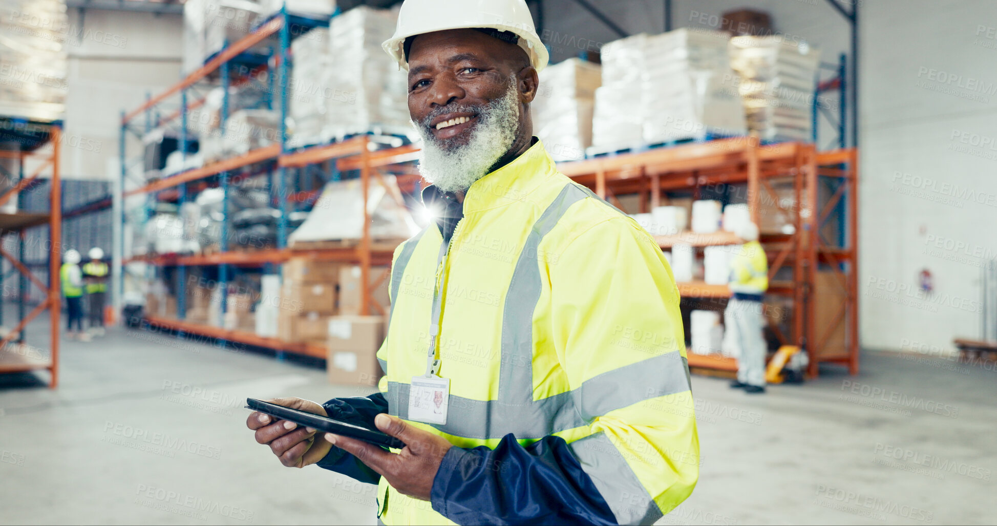 Buy stock photo African man, portrait and tablet in warehouse for inventory check, inspection or stock management checklist. Logistics, mature supervisor and planning for shipping order, quality control or courier