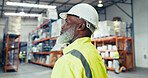 Distribution, thinking and inventory with black man in warehouse for supervisor, logistics or shipping. Export, delivery or cargo storage with person for customs compliance in supply chain management