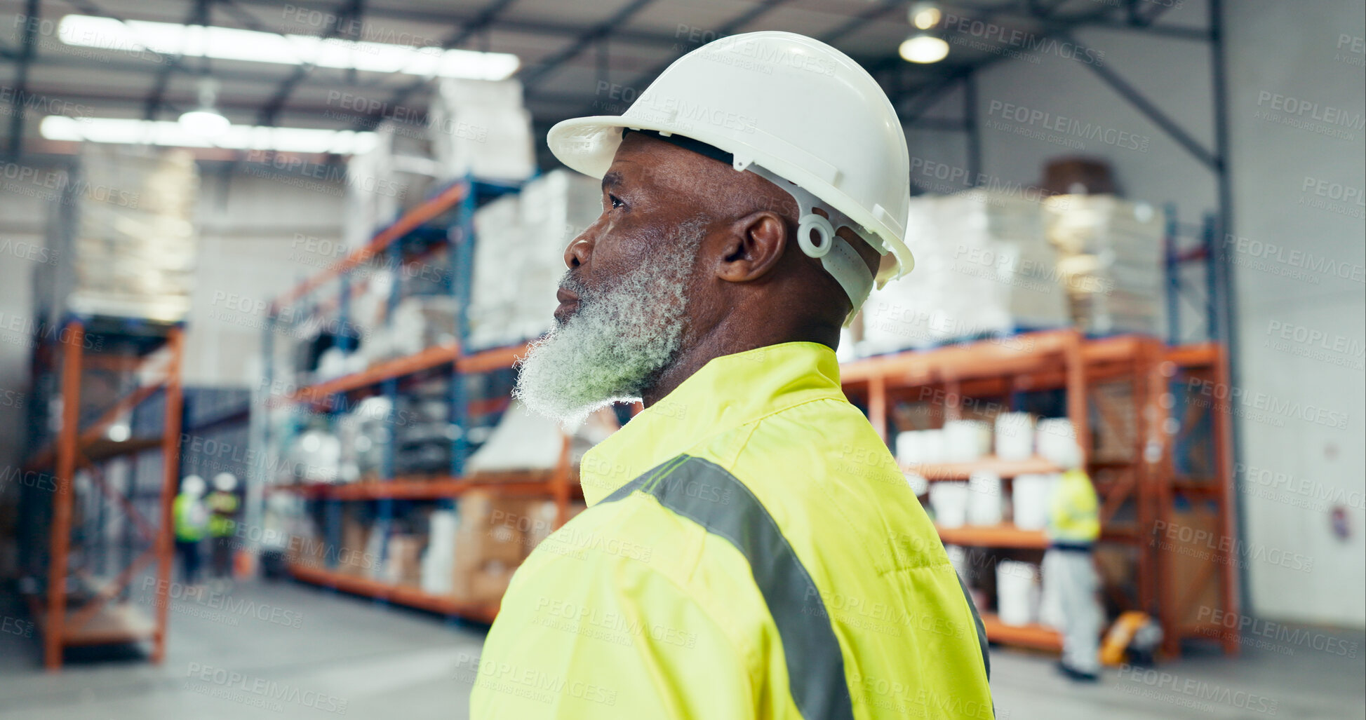 Buy stock photo Distribution, thinking and inventory with black man in warehouse for supervisor, logistics or shipping. Export, delivery or cargo storage with person for customs compliance in supply chain management