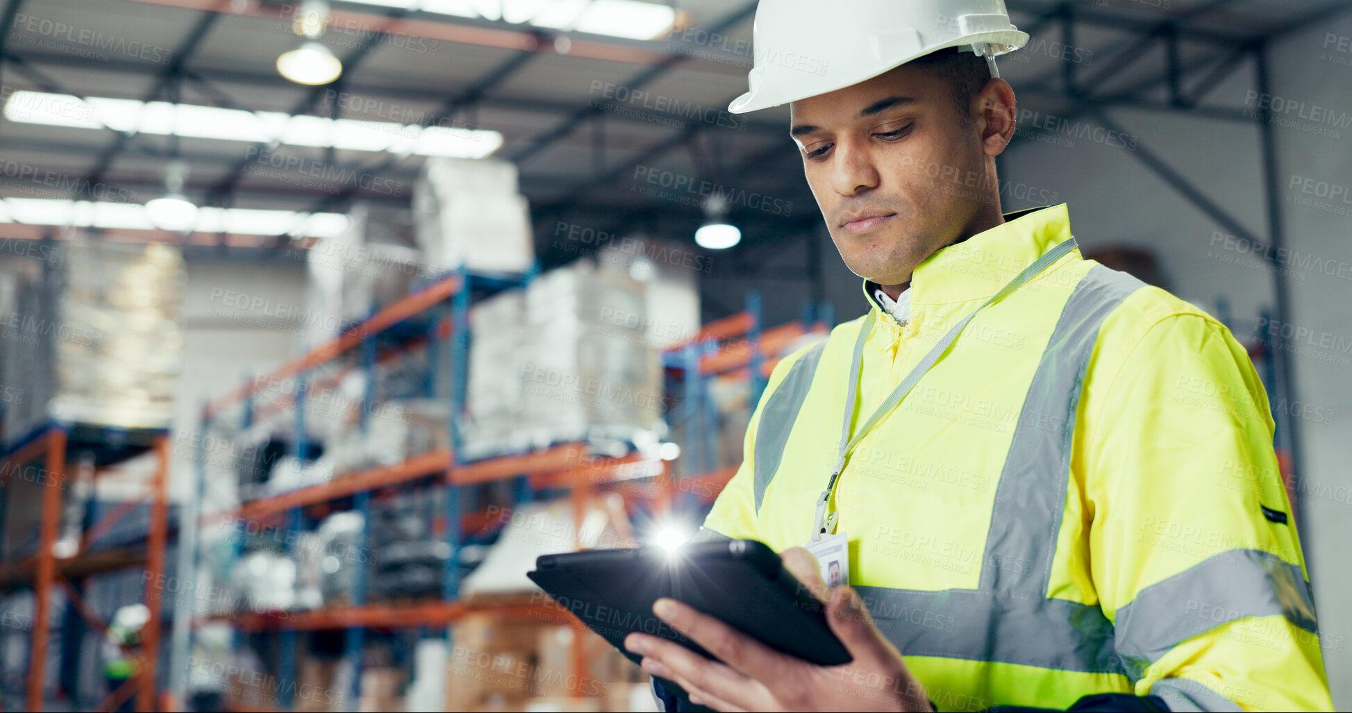 Buy stock photo Logistics, tablet and supply chain with man in warehouse for distribution, freight or shipping. Export, delivery or cargo storage with digital checklist for customs compliance in inventory management