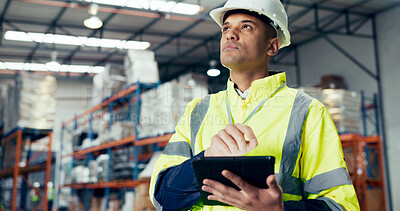 Buy stock photo Thinking, tablet and supply chain with man in warehouse for logistics, freight or shipping. Export, delivery or cargo storage with digital checklist for customs compliance in inventory management