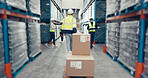 Export, box and shipping with people in warehouse for distribution, freight center or supply chain. Logistics, delivery and cargo storage with wholesale for customs compliance in inventory management