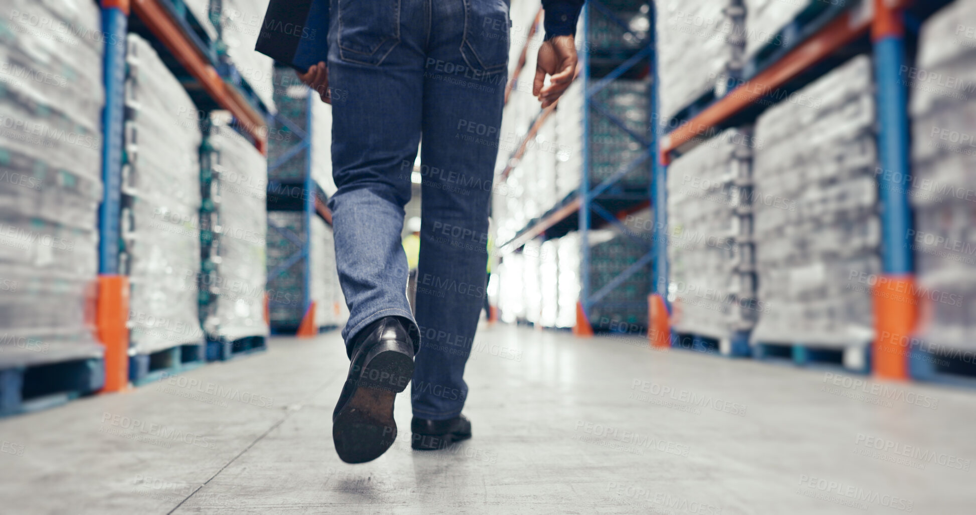 Buy stock photo Walking, warehouse and legs of logistics worker with quality assurance, stock control or inspection duty. Ecommerce, industry and distribution manager in supply chain factory for export or delivery.