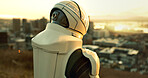 Back, city and view with astronaut person outdoor on planet earth for space exploration or travel. Building, helmet and infrastructure with interstellar mission in galaxy for adventure or discovery